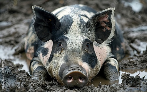 A closeup of a large Berkshire boar with distinctive black and white markings, lying comfortably in the mud photo