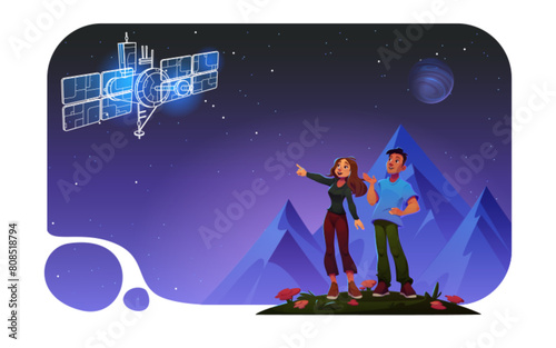 Woman and man show space satellite in sky cartoon design. Character and earth mountain landscape game graphic. Futuristic adventure with fantasy hologram at dark night. Cosmic travel concept photo