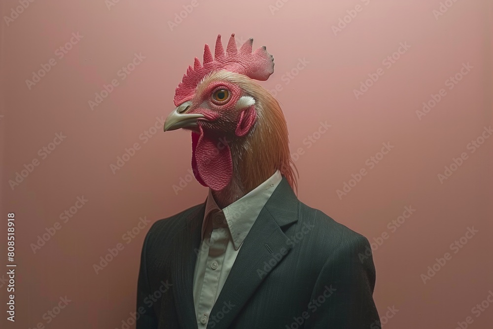 A Helmeted Guineafowl in a tailored business suit, standing against a soft pastel background, AI Generative