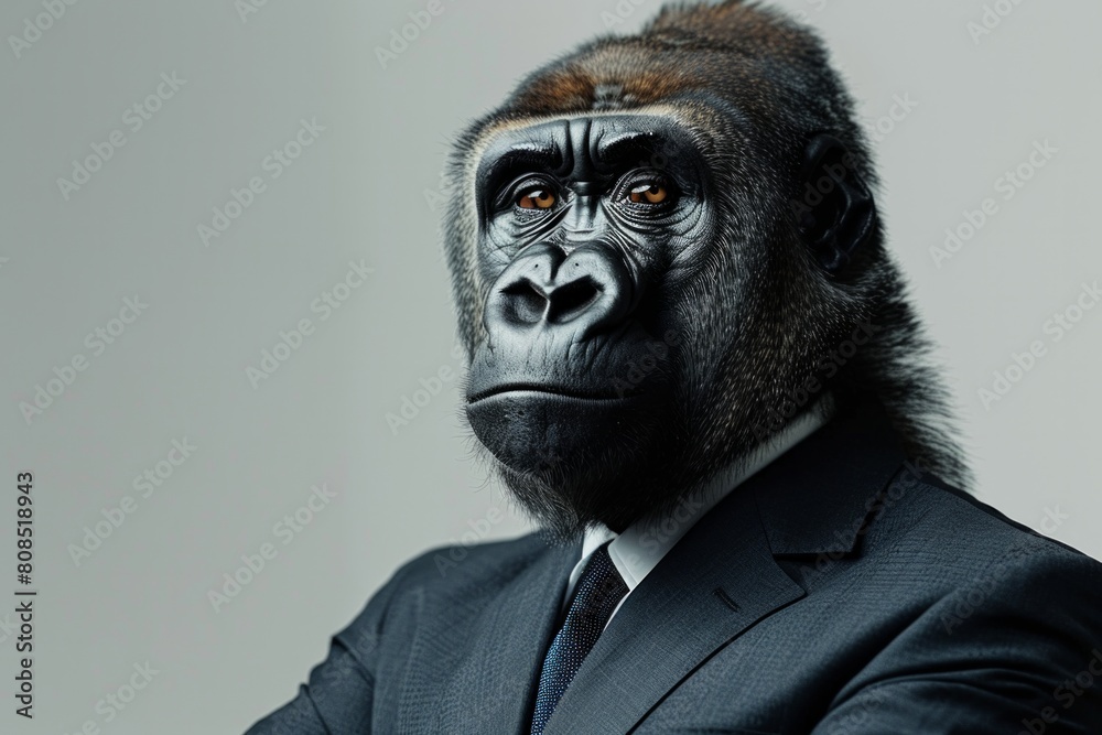 A Gorillain a sharp business suit, poised and dignified, isolated against a stark white background, AI Generative A Gorillain a sharp business suit, poised and dignified, isolated against a stark white background, AI Generative