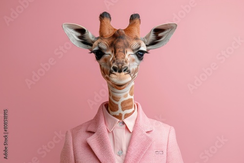 A Gerenuk in a tailored business suit, standing against a soft pastel background, AI Generative photo