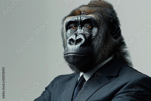 A Gorillain a sharp business suit, poised and dignified, isolated against a stark white background, AI Generative
