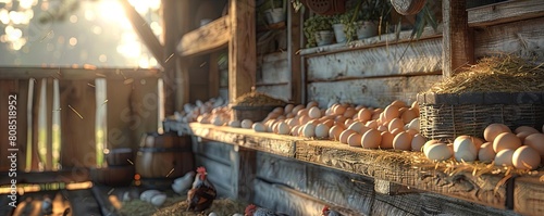 A farmer gently collecting eggs from a row of cozy nesting boxes inside a rustic chicken coop