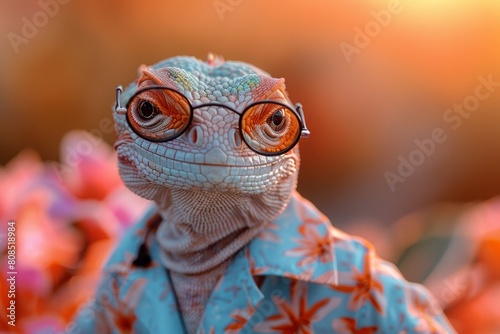 A Lizard styled in funky fashion with a colorful jacket, casual shirt, and dark shades, against a soft pastel background, creating a cool, AI Generative