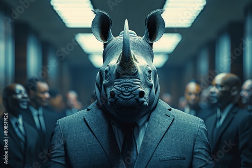 A White Rhinoceros in a crisp business suit, standing confidently in a bustling corporate office, surrounded by impressed human colleagues, AI Generative photo