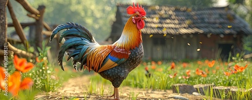 A handsome rooster strutting confidently across a barnyard, showing off his iridescent feathers photo
