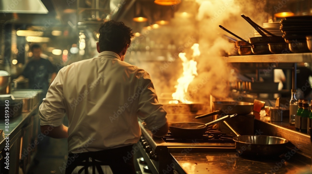 Chef cooking in a busy restaurant kitchen from behind,, AI Generative Chef cooking in a busy restaurant kitchen from behind,, AI Generative