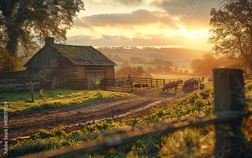 A picturesque farmyard at dawn, with pigs emerging from their shelter to start their day photo