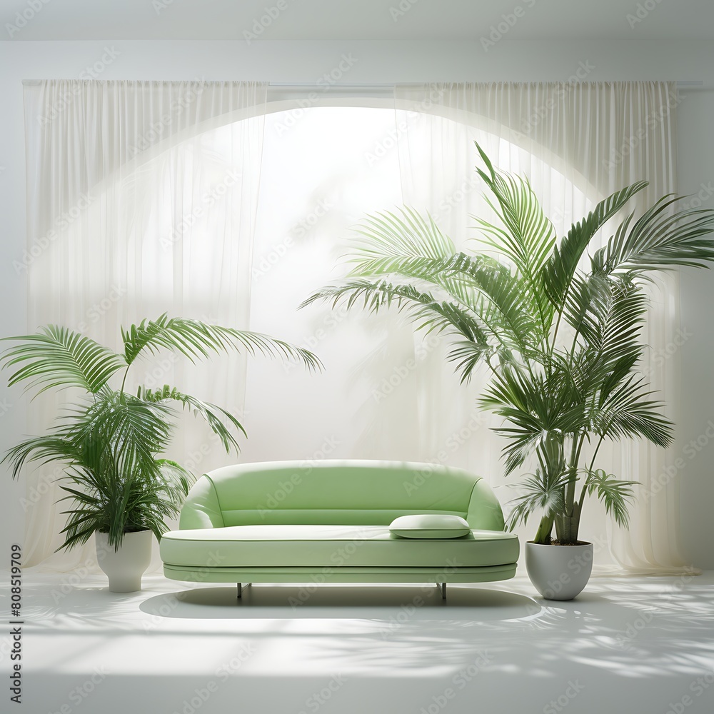 Living room with white sofa and palm trees