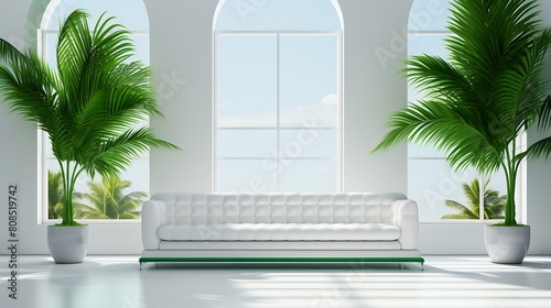 Living room with white sofa and palm trees