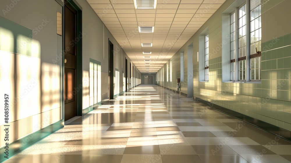 Empty School Corridor with Lockers and Sunlight Streaming Through Windows - Educational Environment Empty School Corridor with Lockers and Sunlight Streaming Through Windows - Educational Environment