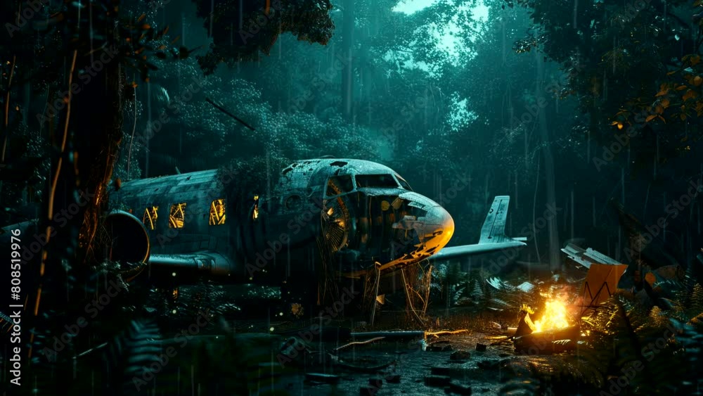 view of a plane wreck in a tropical rainforest. Seamless looping time-lapse virtual 4k video animation background view of a plane wreck in a tropical rainforest. Seamless looping time-lapse virtual 4k video animation background