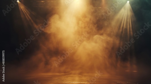 Performance stage with lights on and smoke billowing