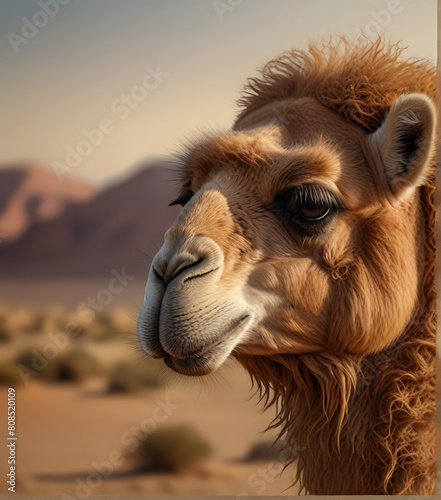 Beautiful brown color camel hairly with big black eyes looking face up over Deseret  background
