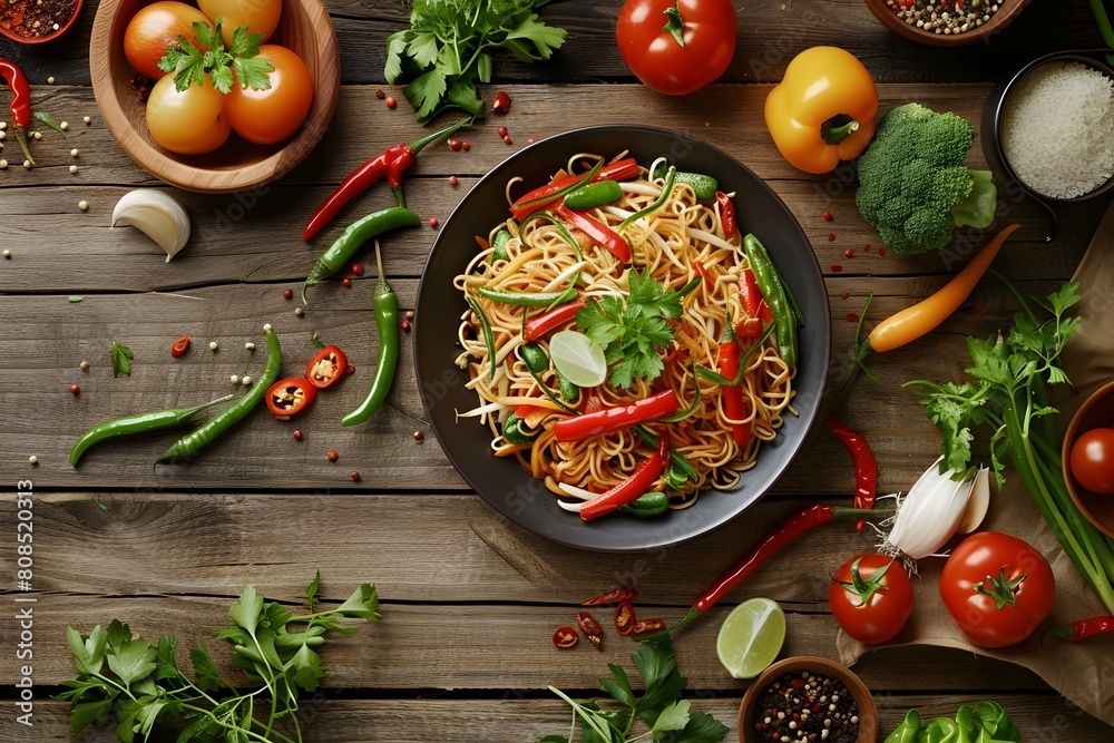 Savory Lo Mein Noodle Dish Packed with Vibrant Vegetables on Rustic Wooden Table Savory Lo Mein Noodle Dish Packed with Vibrant Vegetables on Rustic Wooden Table