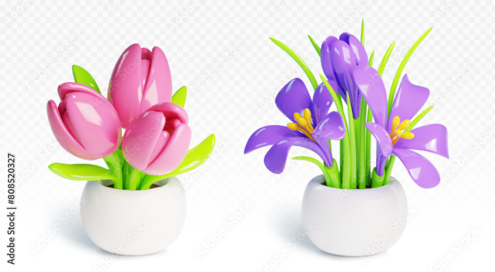 Flower in pot 3d vector set. Realistic illustration of cartoon plastic plant with blossom of tulip and crocus in white flowerpot. Home decorative floral bush in vase. House and garden vegetation