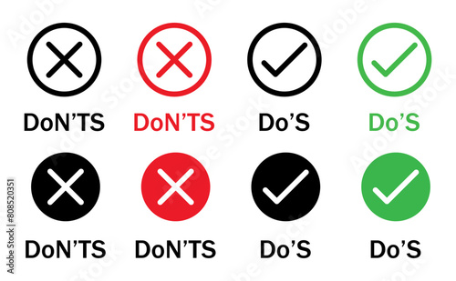 Do's and don'ts buttons with right and wrong vector icon set. True and false buttons. Check or cross icon do and don. Do's and don'ts or true and false icon. Vector illustration.