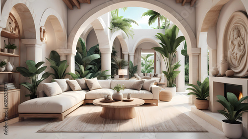 "Contemporary Tropical Retreat: Ultra-Realistic Photo of Modern Small Condo Interior, with Bali-Inspired Aesthetic, Featuring White Cream Stone and Light Wood Round Arches in Living Room Oasis with Lu