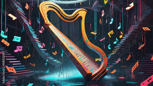 Harmonic Warfare: Warrior Harp Infused into Retro-Futuristic Landscape, Enhanced with Electrical Elements in 8D Render