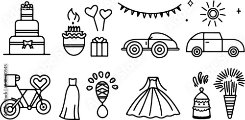 set of wedding icons, hand drawn doodle style vector illustration with white background