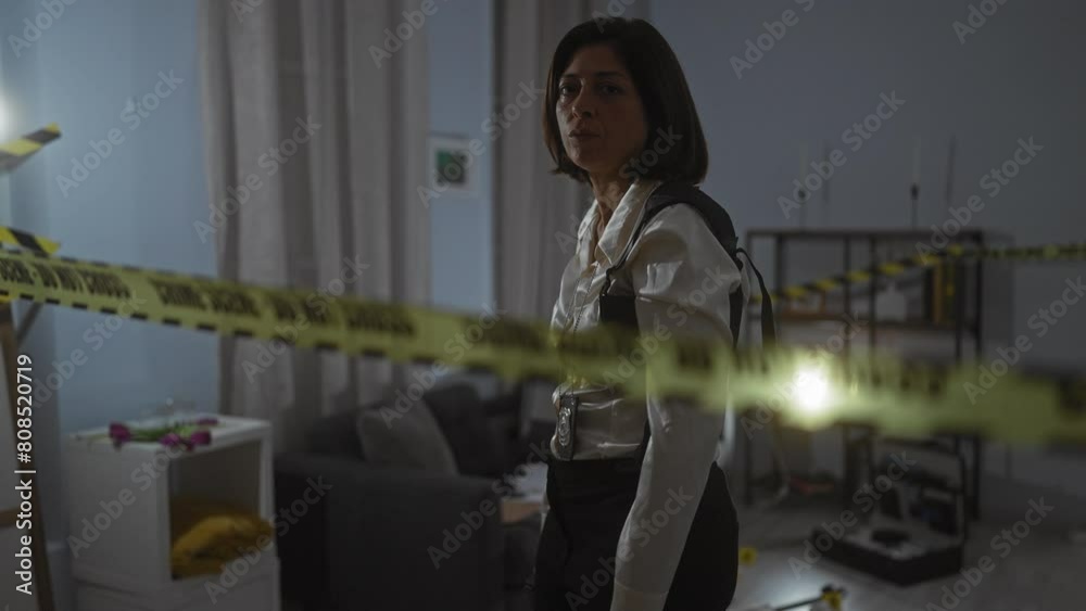 Hispanic detective woman investigates a crime scene with caution tape in an indoor setting. Hispanic detective woman investigates a crime scene with caution tape in an indoor setting.