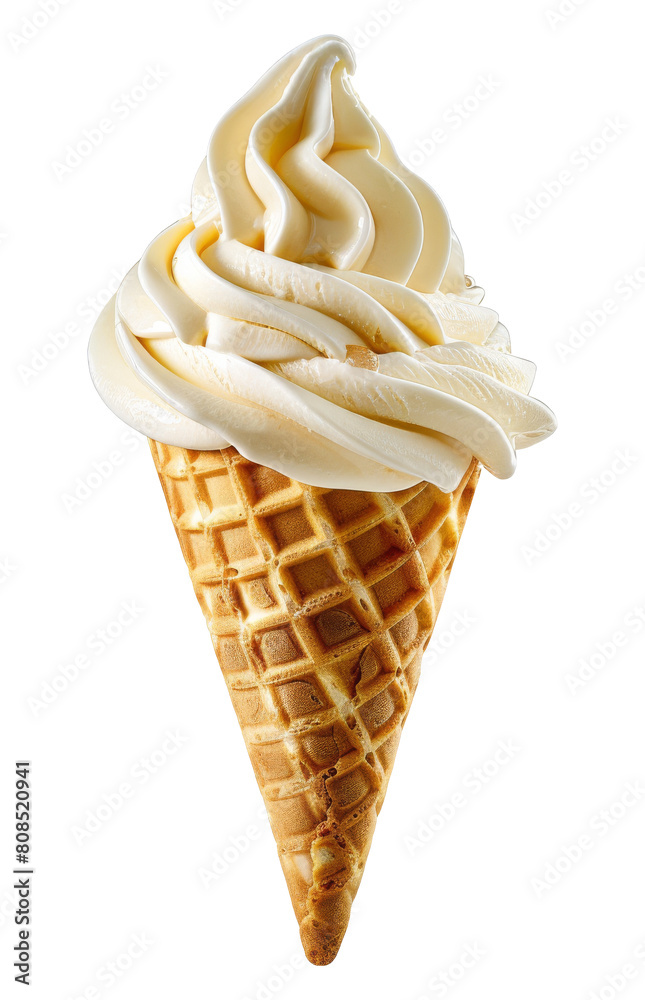 Soft serve vanilla Ice cream swirl on waffle cone on transparent ...