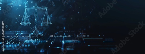 A futuristic and high-tech background with digital scales, law icons and symbols representing the concept of AI extracting data from court documents for knowledge virtualization. photo