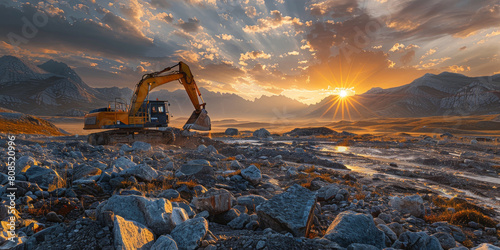 A yellow excavator is driving on the rocky ground, with sunset clouds in the sky and mountains background
