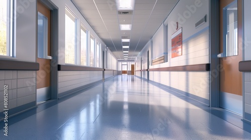 Spacious Empty Hallway in Educational Setting with Simulated Ad  3D Render