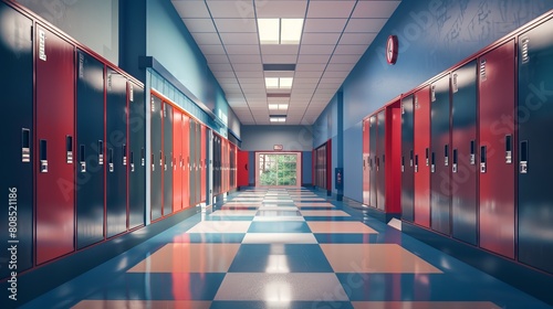Quiet and Spacious Elementary School Hallway with Lockers and Classroom Doors, Awaiting Students photo