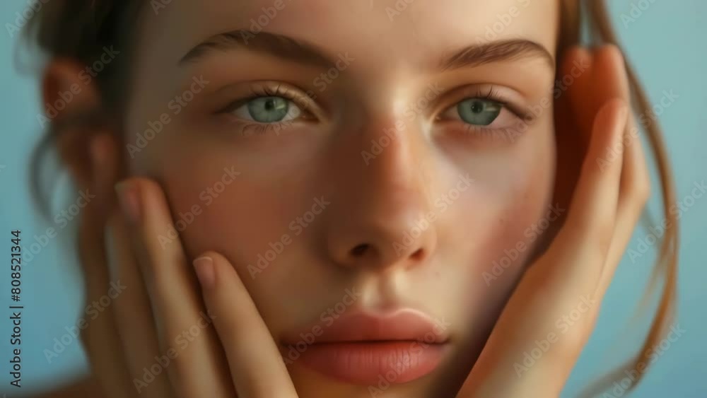 Woman with blue eye and pinkish nose is shown with her hands on her face Woman with blue eye and pinkish nose is shown with her hands on her face