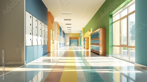 Quiet and Spacious Elementary School Hallway with Lockers and Classroom Doors  Awaiting Students