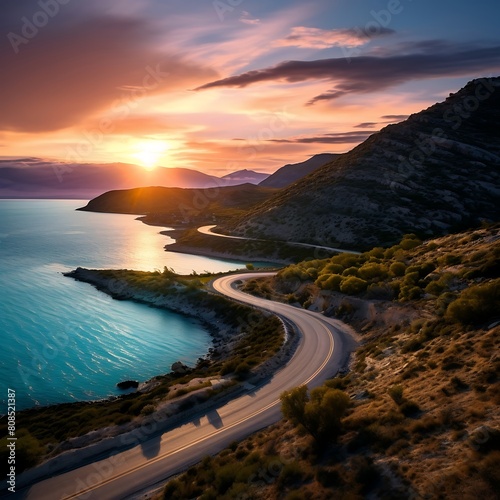 Winding road in the coast at sunset
