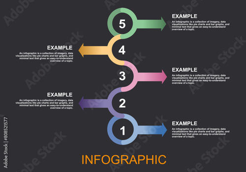 Vector infographic on a dark gray background with continuous semicircles and arrows to show details. There are 5 steps to present planning, education, finance, management.
