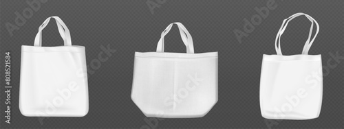 White blank tote bag mockup. Realistic 3d vector illustration set of fabric canvas eco pouch for shopping. Template of cotton cloth reusable shopper with handle. Handbag from ecological material.