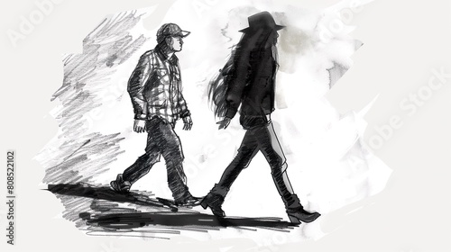 a sketch of a man walking and a shadow figure of a woman walking beside her like her guardian photo