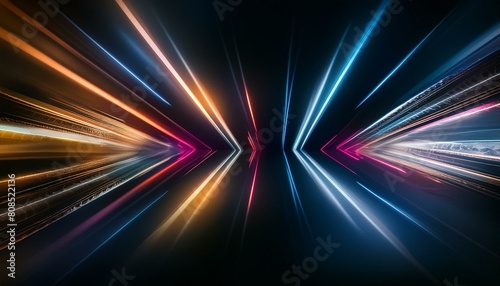 neon light flashes creating a futuristic backdrop against a black surface, with dynamic motion lines adding depth and movement