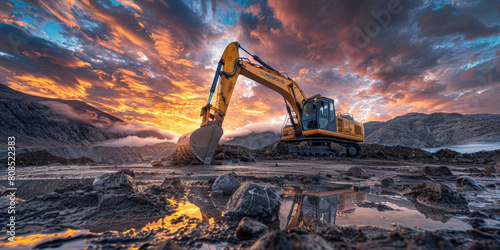 A yellow excavator is driving on the rocky ground, with sunset clouds in the sky and mountains background