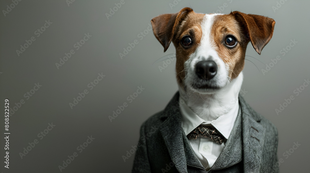 Dog dressed up as businessman grey background copy space