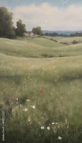 Rural countryside farmhouse style painting with cottage and wildflowers