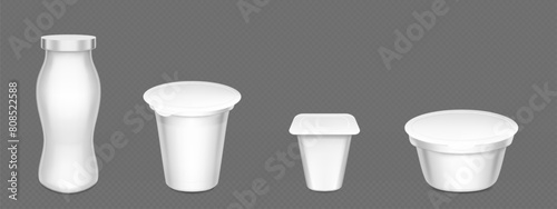 White yogurt cup and bottle mockup. Realistic 3d vector illustration set of plastic package and container for dairy products with lid and foil top. Blank template of milky goods pot packaging.
