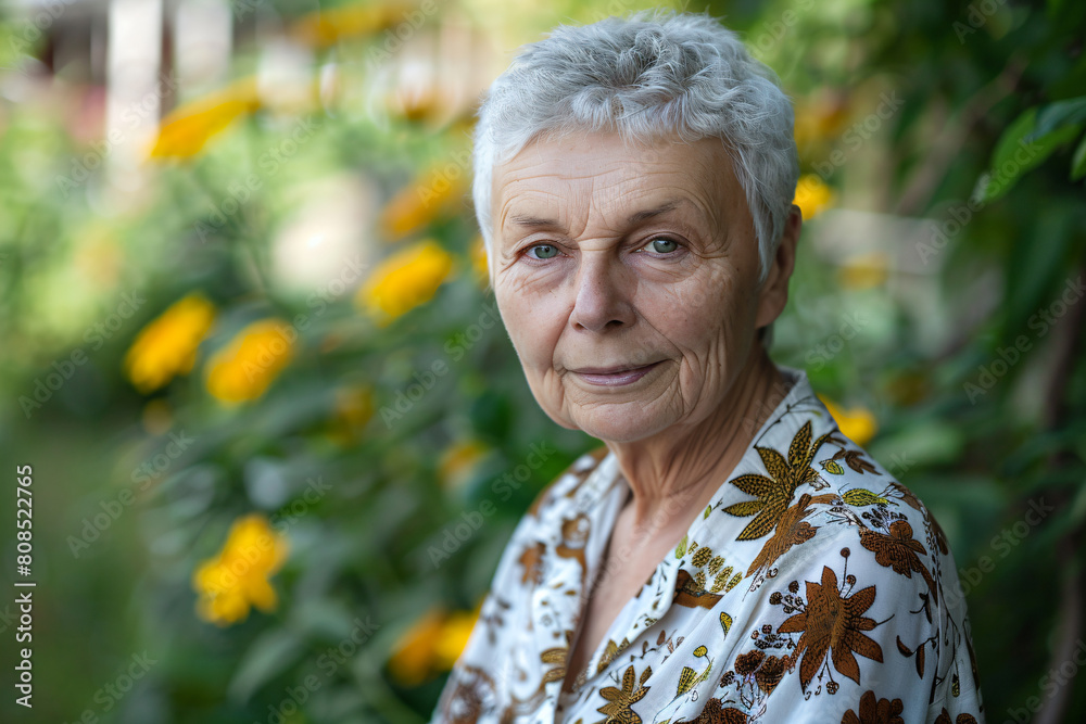 a woman with a white hair and a floral shirt a woman with a white hair and a floral shirt