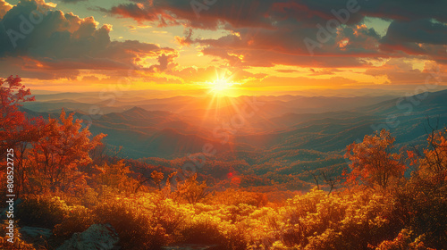 The autumn sunset over the Great Smoky Mountains in North Carolina. Created with Ai