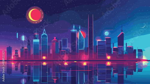 Futuristic cityscape neon colors reflected water surface. Night skyline stars cosmic sky large moon futuristic architecture. Vibrant hues illuminated urban skyline city illustration