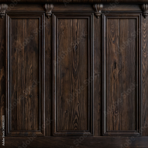 Close-up of an old wooden paneled wall with dark brown woodgrain. The wall has a classic design with ornate moldings and paneling. The wall is textured and has a few nicks and scratches  photo