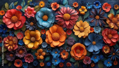 A wall mural of various flowers in shades of red, orange and blue on dark background. Created with Ai