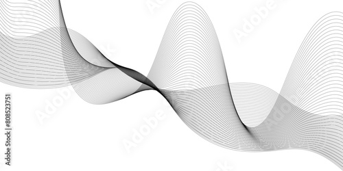 Abstract wavy grey technology lines on transparent background.  Abstract gray curved line for banner design and frequency sound wave line.