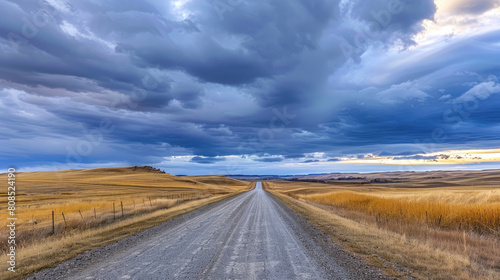 Storm clouds gather over a road that leads into the distance, creating a very dramatic landscape North Dakota, United States of America
