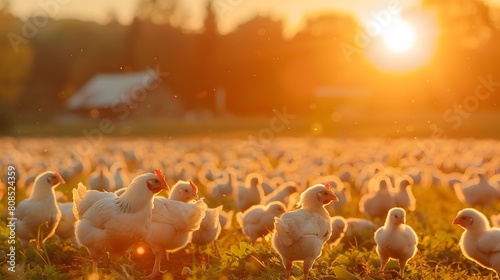 A large  modern chicken farm with thousands of chickens in the background under bright sunlight. 
