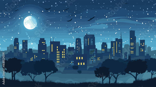 Night cityscape illustration under moonlight brightly lit windows snowfall. Silhouettes trees urban skyline against dark blue sky. Graphic design backdrop snowy evening city